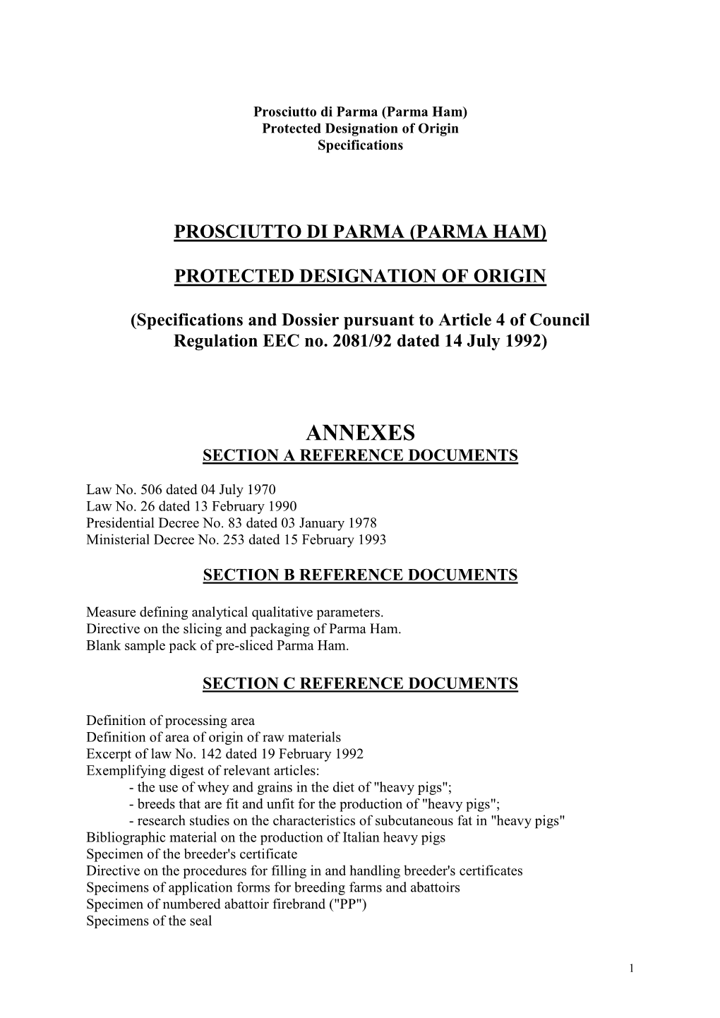 Parma (Parma Ham) Protected Designation of Origin Specifications