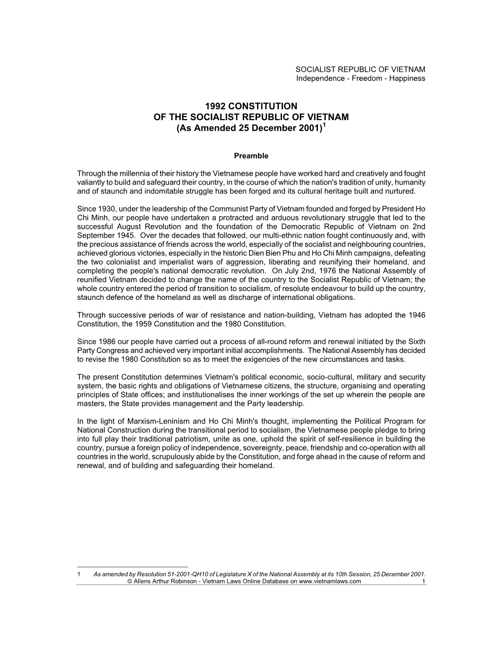 1992 CONSTITUTION of the SOCIALIST REPUBLIC of VIETNAM (As Amended 25 December 2001)1