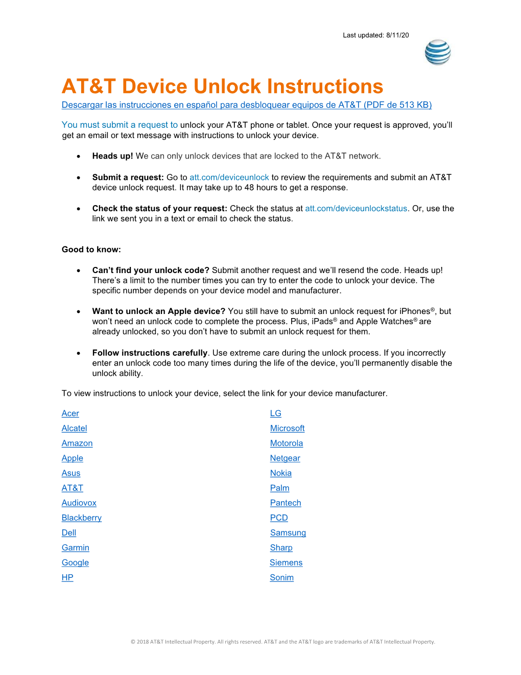 AT&T Device Unlock Instructions