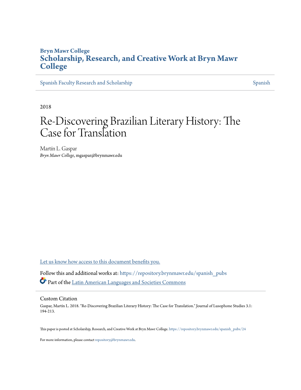 Re-Discovering Brazilian Literary History: the Case for Translation Martín L