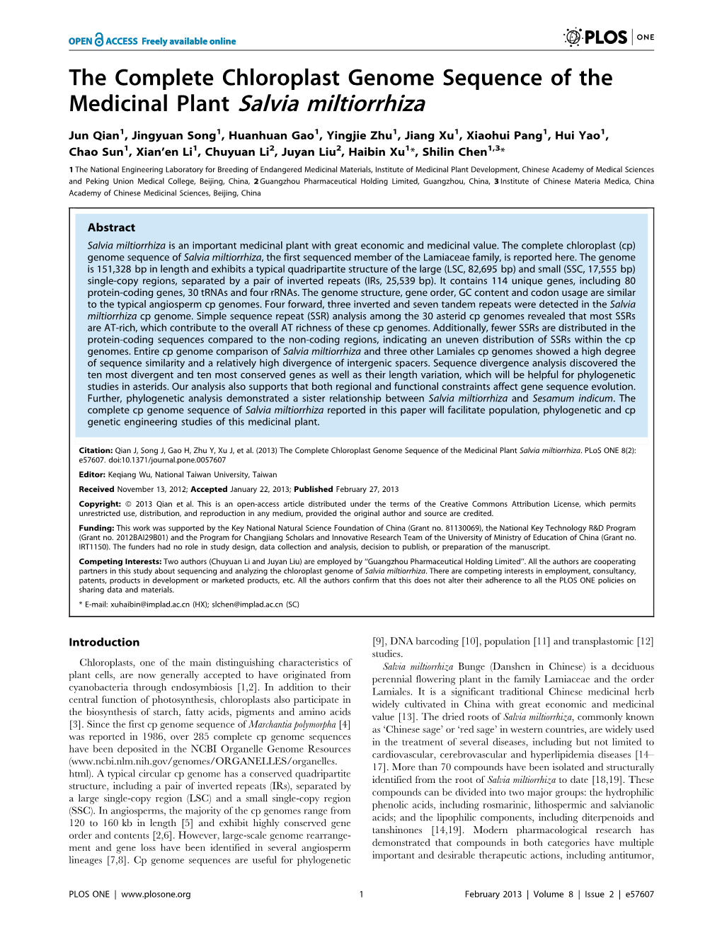 The Complete Chloroplast Genome Sequence of the Medicinal Plant Salvia Miltiorrhiza