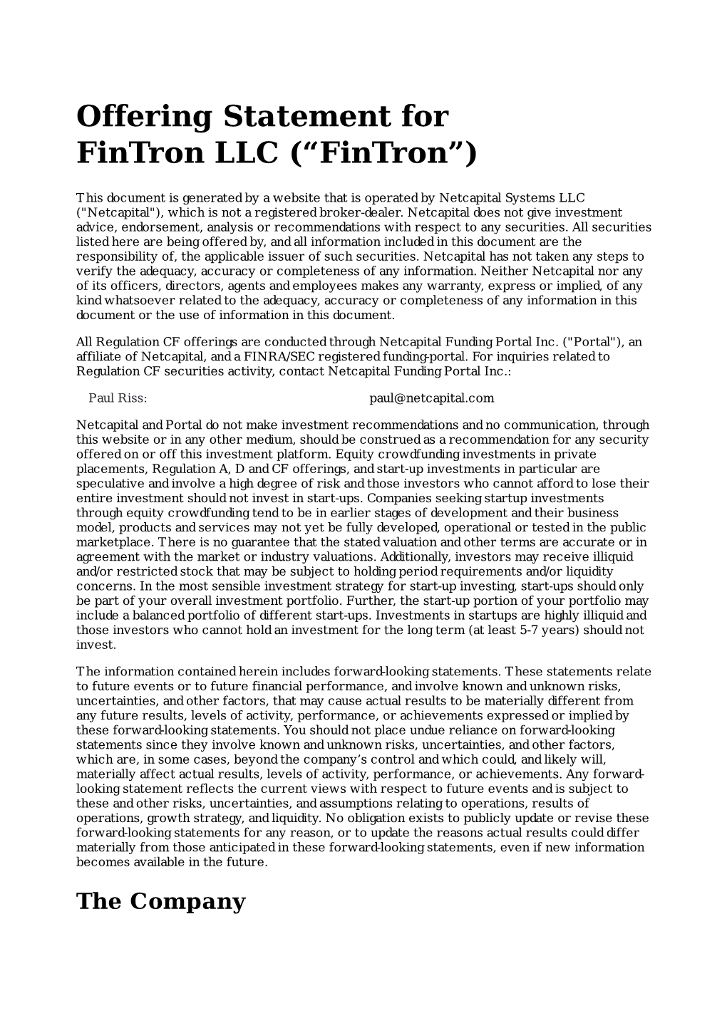 Offering Statement for Fintron LLC (“Fintron”)