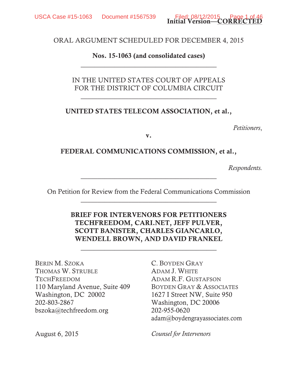 USCA Case #15-1063 Document #1567539 Filed: 08/12/2015 Page 1 of 46 Initial Version—CORRECTED