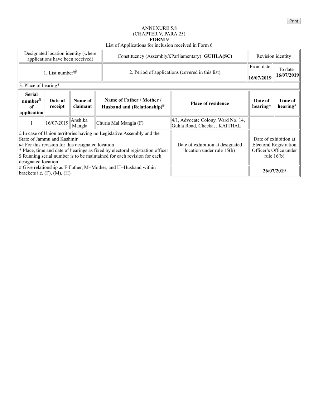 ANNEXURE 5.8 (CHAPTER V, PARA 25) FORM 9 List of Applications For