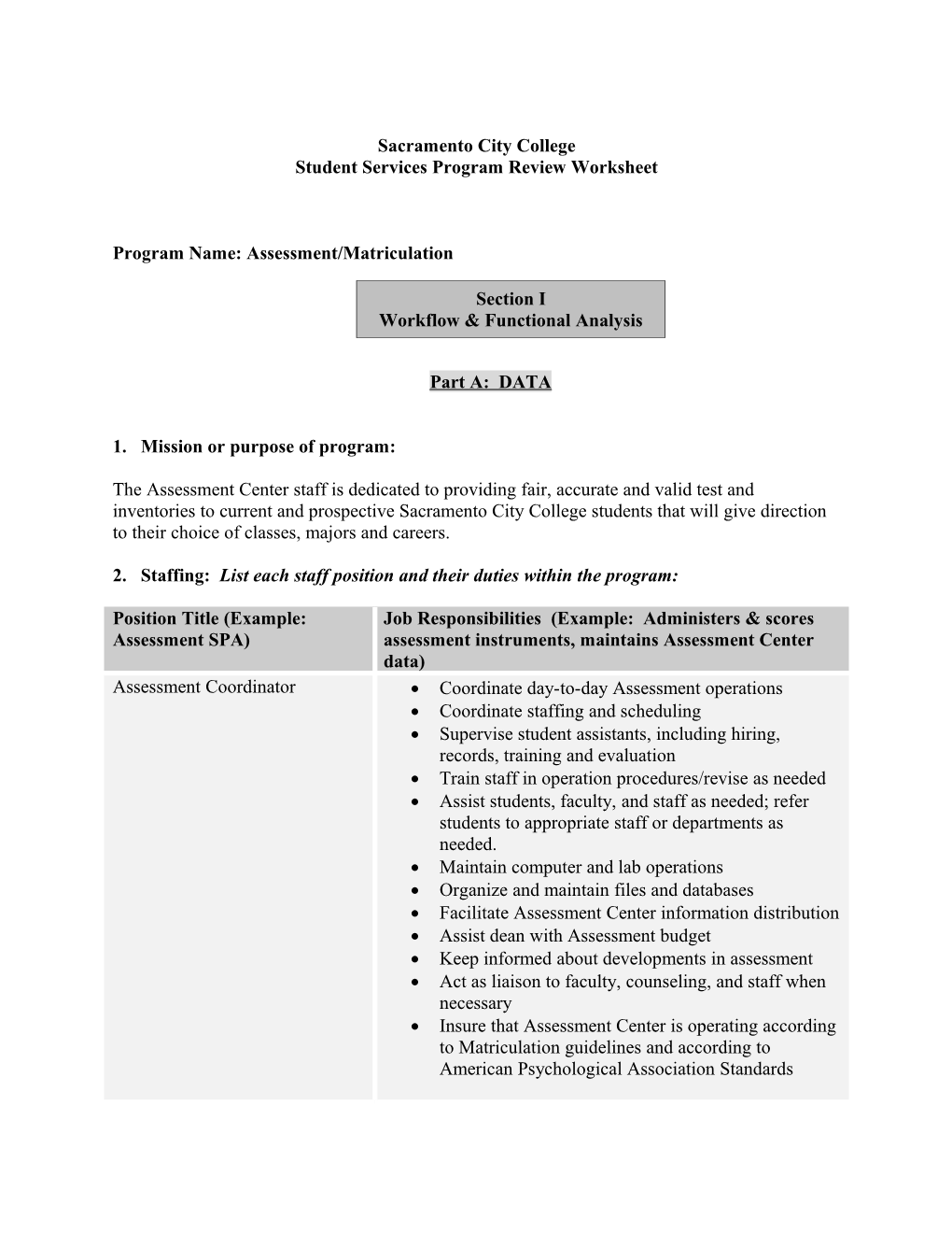 Student Services Program Review Worksheet