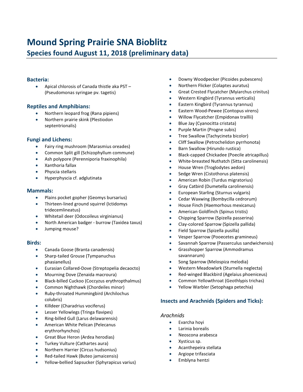 Mound Spring Prairie SNA Bioblitz Results