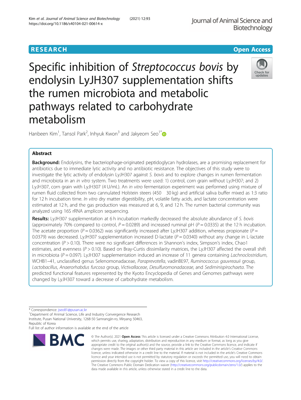 Specific Inhibition of Streptococcus Bovis by Endolysin Lyjh307 Supplementation Shifts the Rumen Microbiota and Metabolic Pathwa