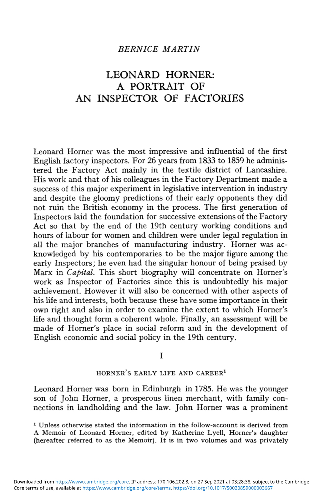 Leonard Horner: a Portrait of an Inspector of Factories