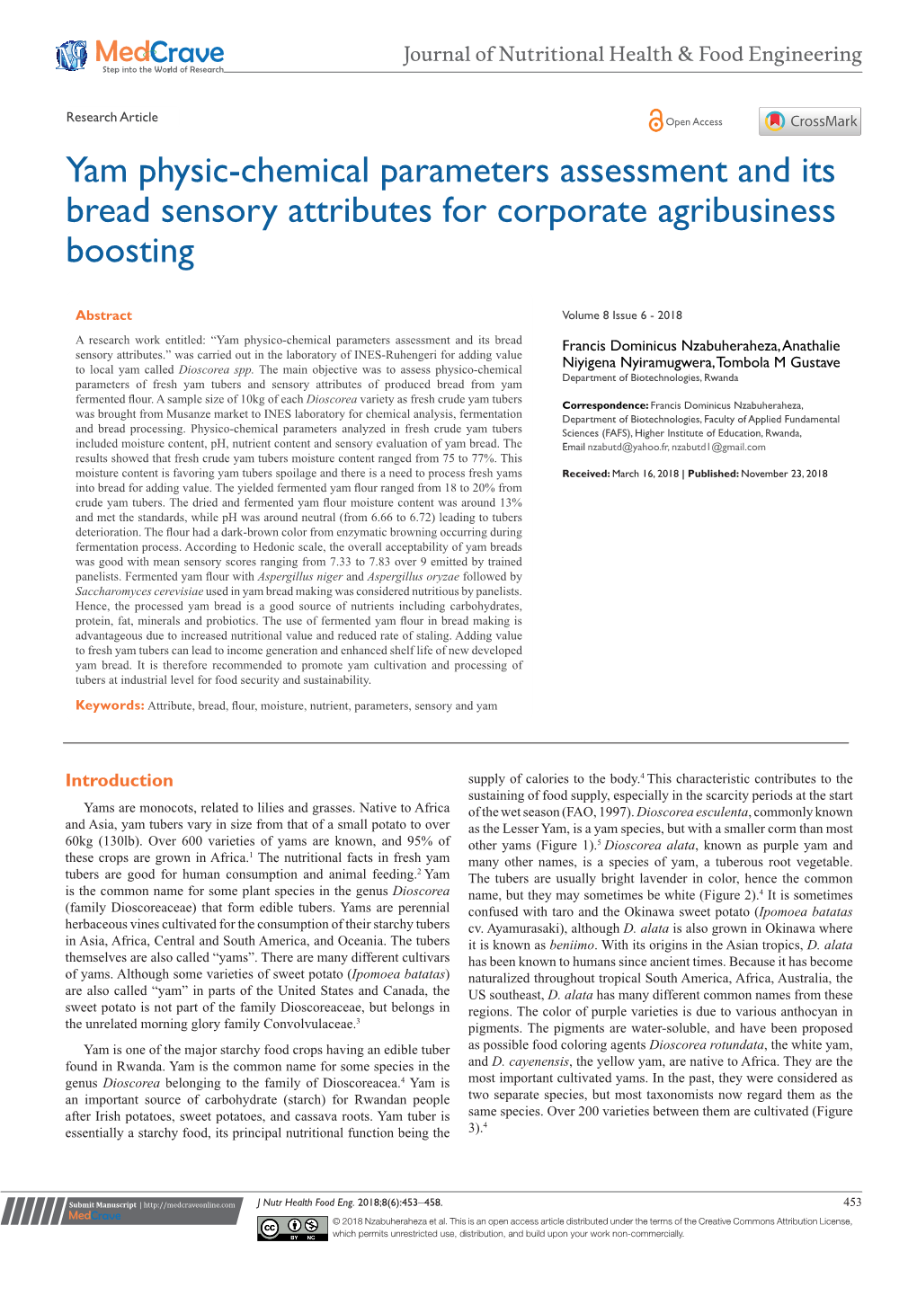 Yam Physic-Chemical Parameters Assessment and Its Bread Sensory Attributes for Corporate Agribusiness Boosting