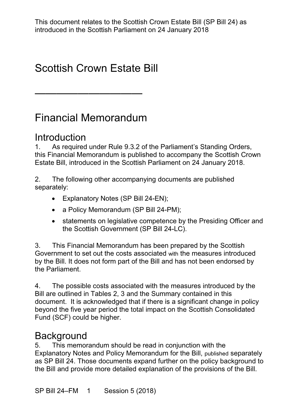 Scottish Crown Estate Bill Financial Memorandum