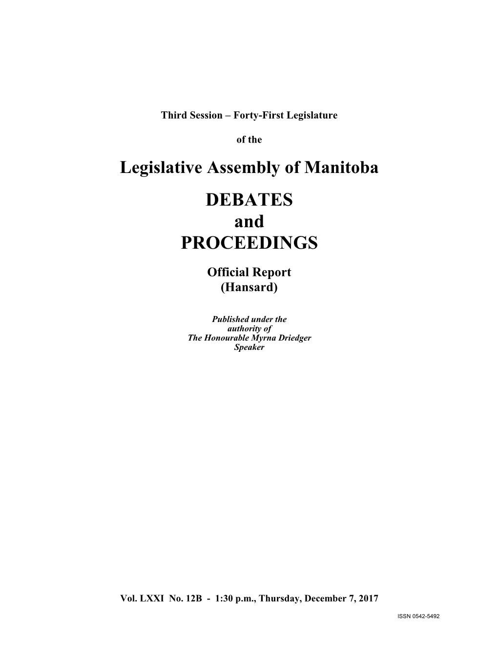 Legislative Assembly of Manitoba DEBATES and PROCEEDINGS Official Report