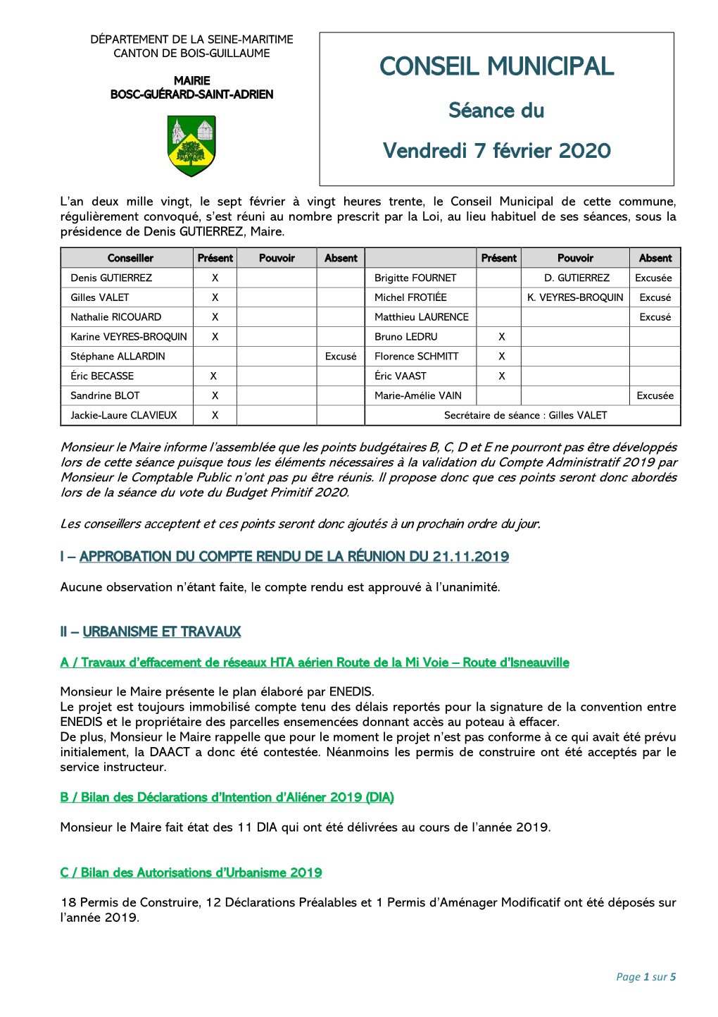 CONSEIL MUNICIPAL MAIRIE BOSC -GUÉRARD -SAINT -ADRIEN Séance Du Vendredi 7 Février 2020