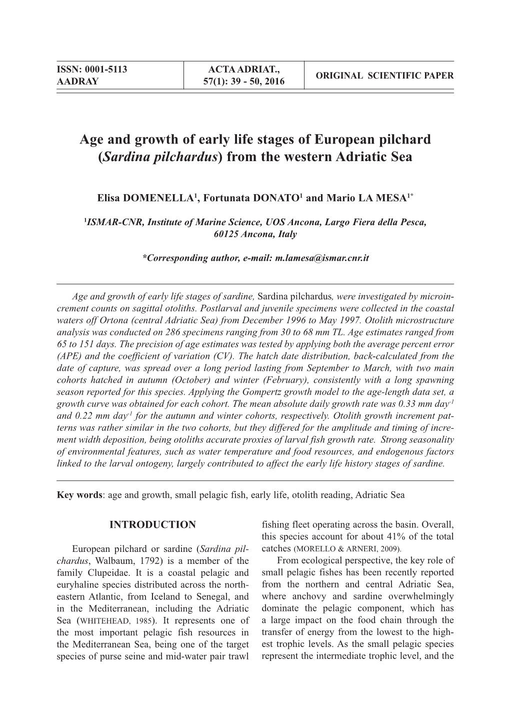 Age and Growth of Early Life Stages of European Pilchard (Sardina Pilchardus) from the Western Adriatic Sea