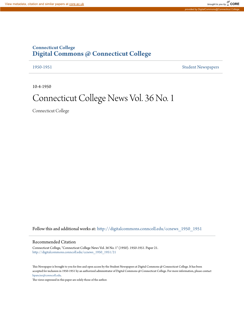 Connecticut College News Vol. 36 No. 1 Connecticut College