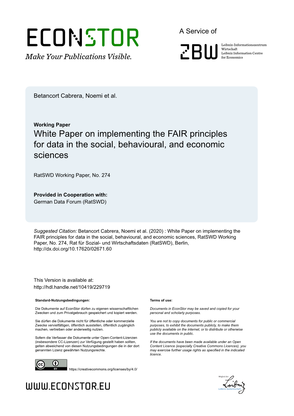 White Paper on Implementing the FAIR Principles for Data in the Social, Behavioural, and Economic Sciences