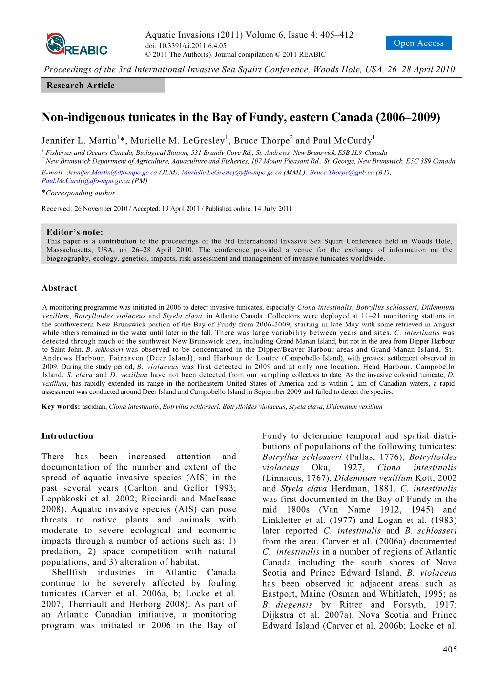 Non-Indigenous Tunicates in the Bay of Fundy, Eastern Canada (2006–2009)