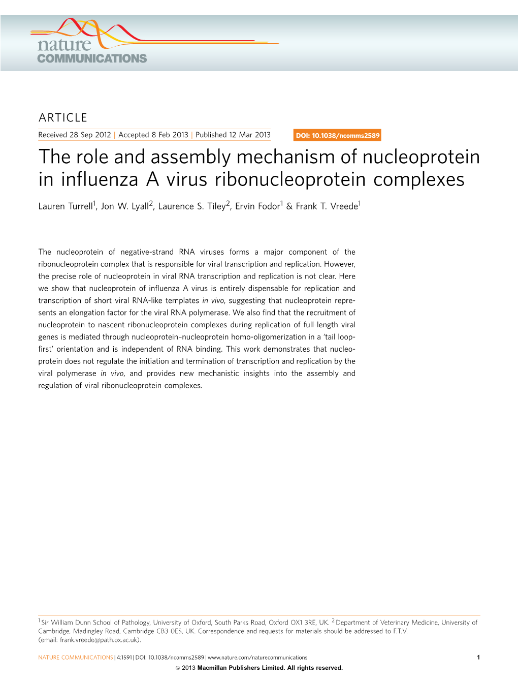 The Role and Assembly Mechanism of Nucleoprotein in Influenza a Virus