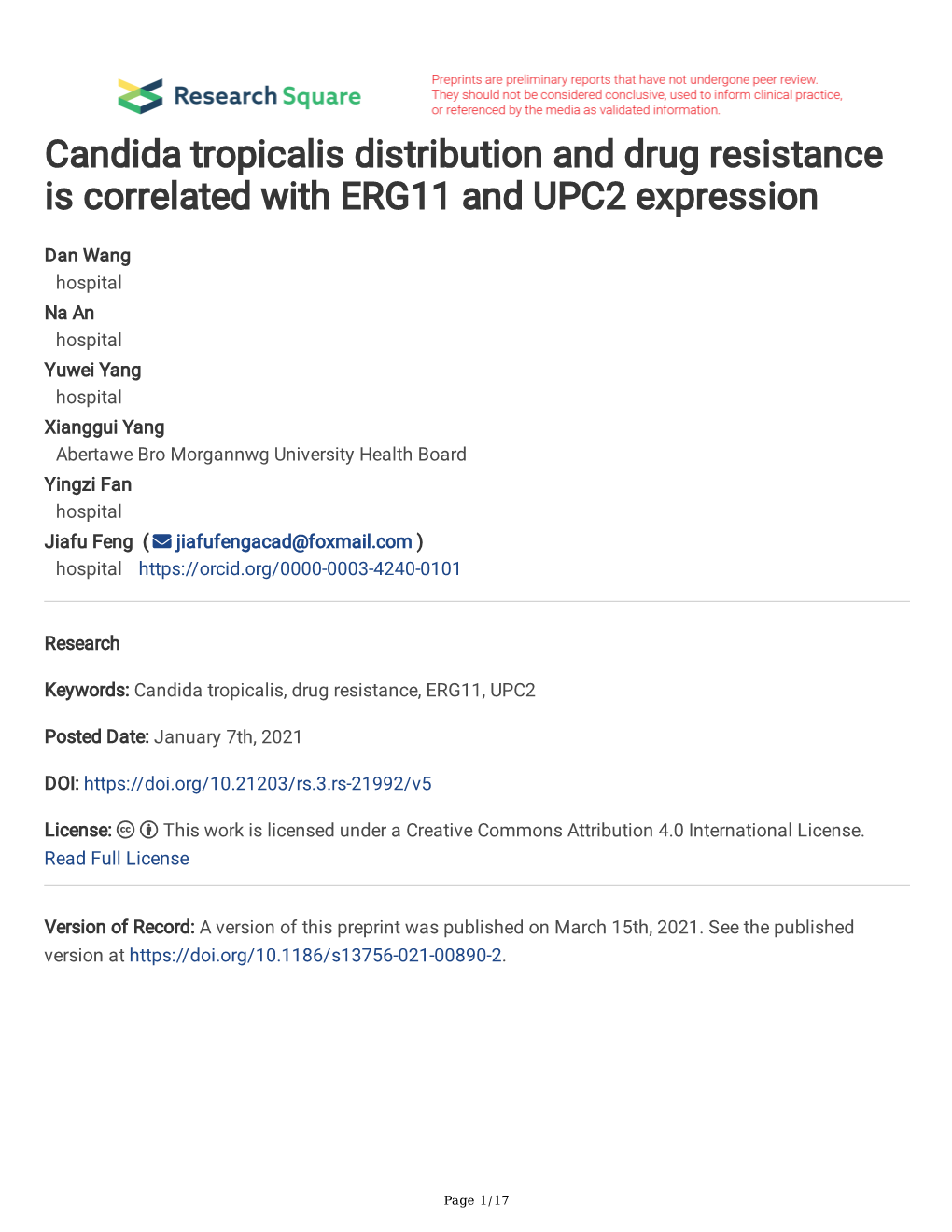 Candida Tropicalis Distribution and Drug Resistance Is Correlated with ERG11 and UPC2 Expression