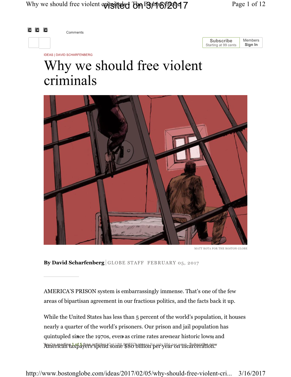 Why We Should Free Violent Criminalsvisited - Theon Boston3/16/2017 Globe Page 1 of 12