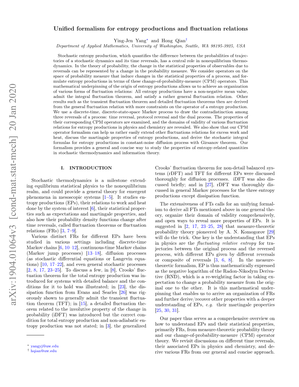 Arxiv:1904.01064V3 [Cond-Mat.Stat-Mech] 20 Jan 2020 Tion Theorem (TFT); in [15], a Detailed ﬂuctuation The- Understanding of Eps, E.G