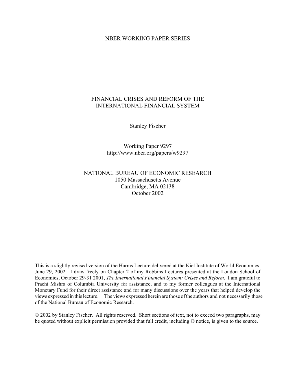 Financial Crises and Reform of the International Financial System