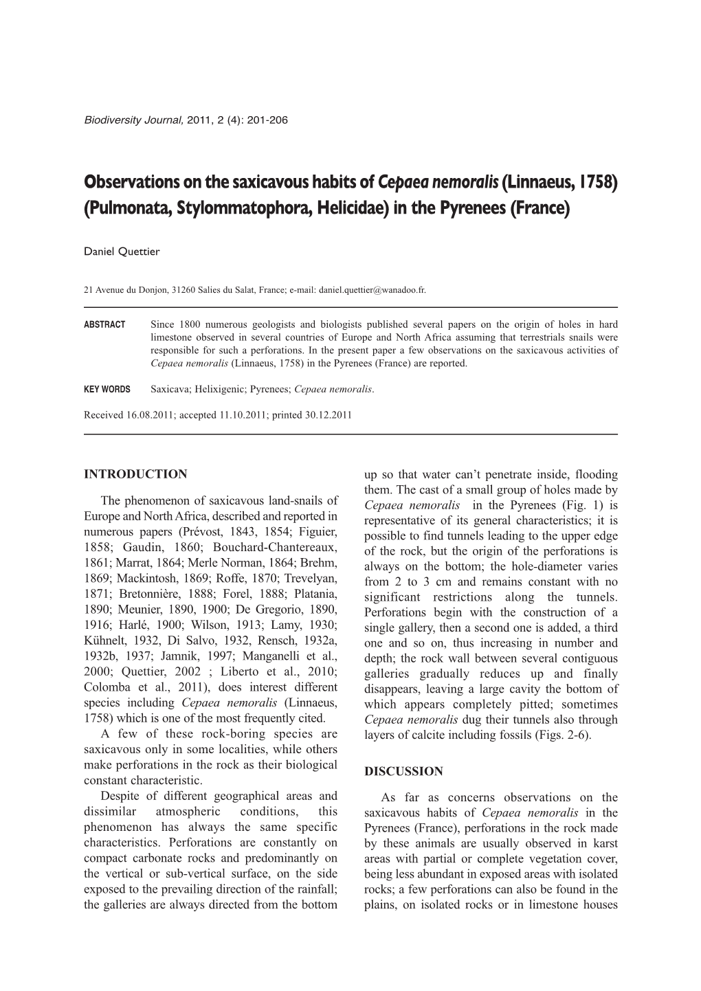 On the Saxicavous Habits of Cepaea Nemoralis (Linnaeus, 1758) (Pulmonata, Stylommatophora, Helicidae) in the Pyrenees (France)