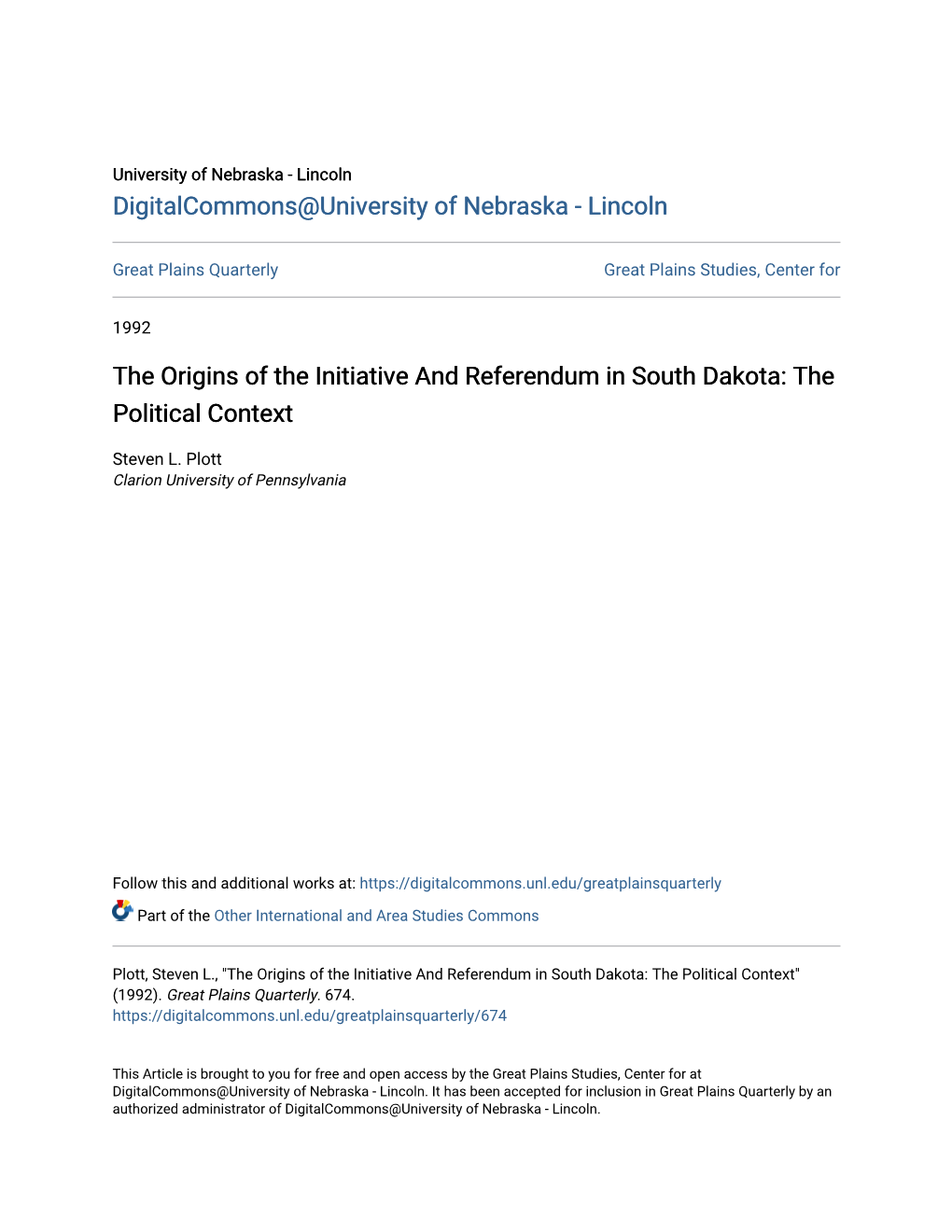 The Origins of the Initiative and Referendum in South Dakota: the Political Context