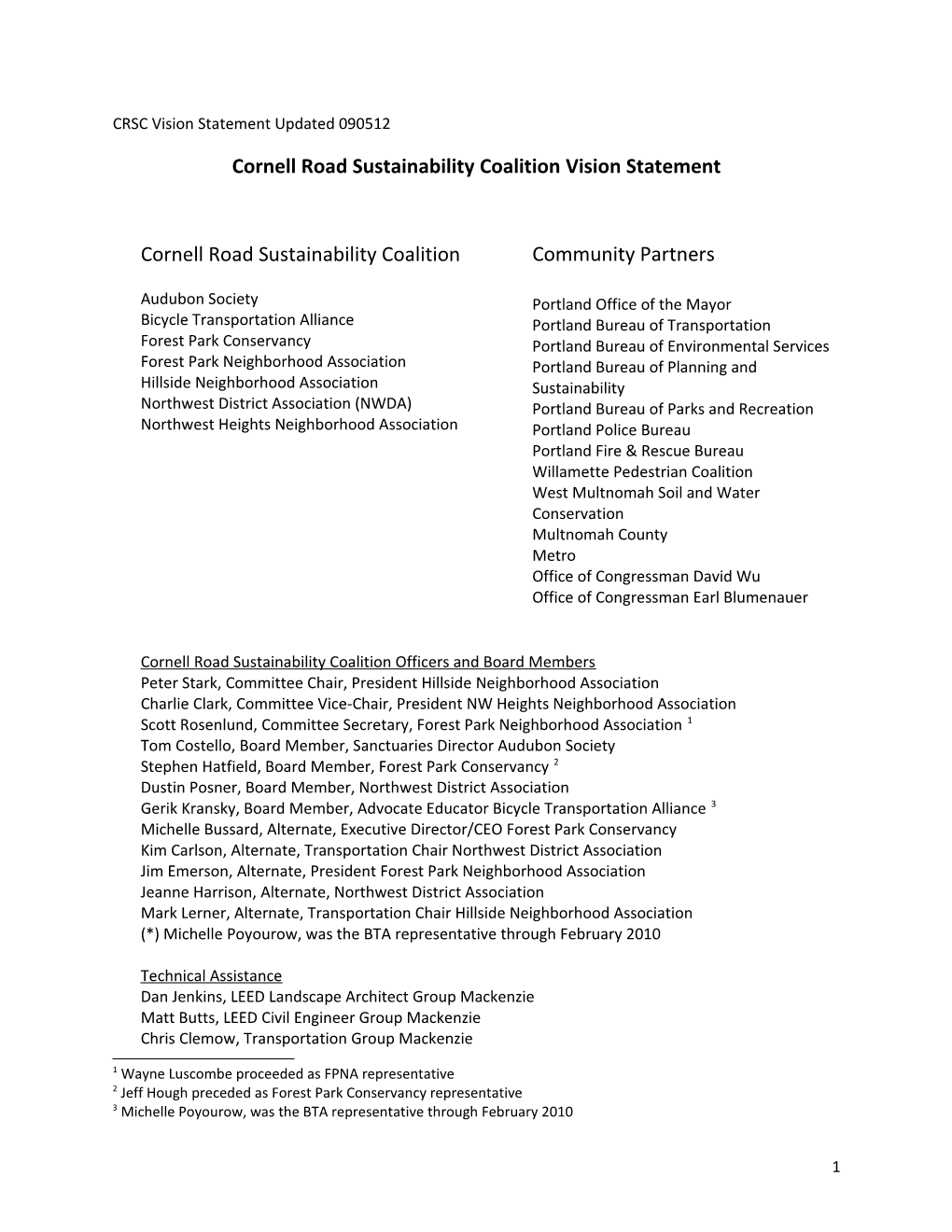 Cornell Road Sustainability Coalition Vision Statement Cornell Road