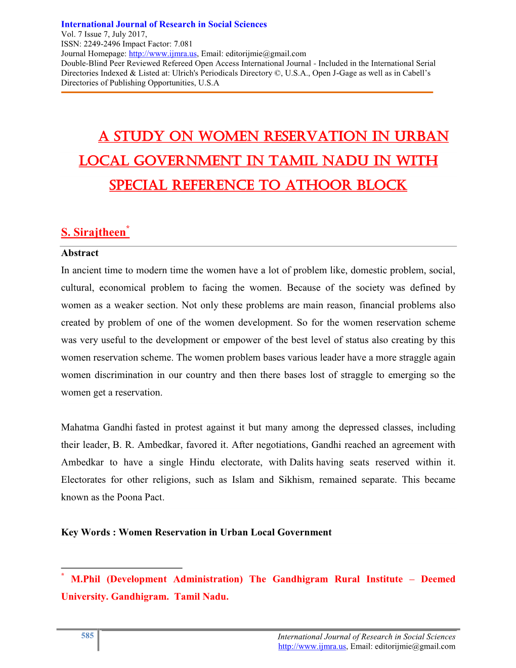 A Study on Women Reservation in Urban Local Government in Tamil Nadu in with Special Reference to Athoor Block