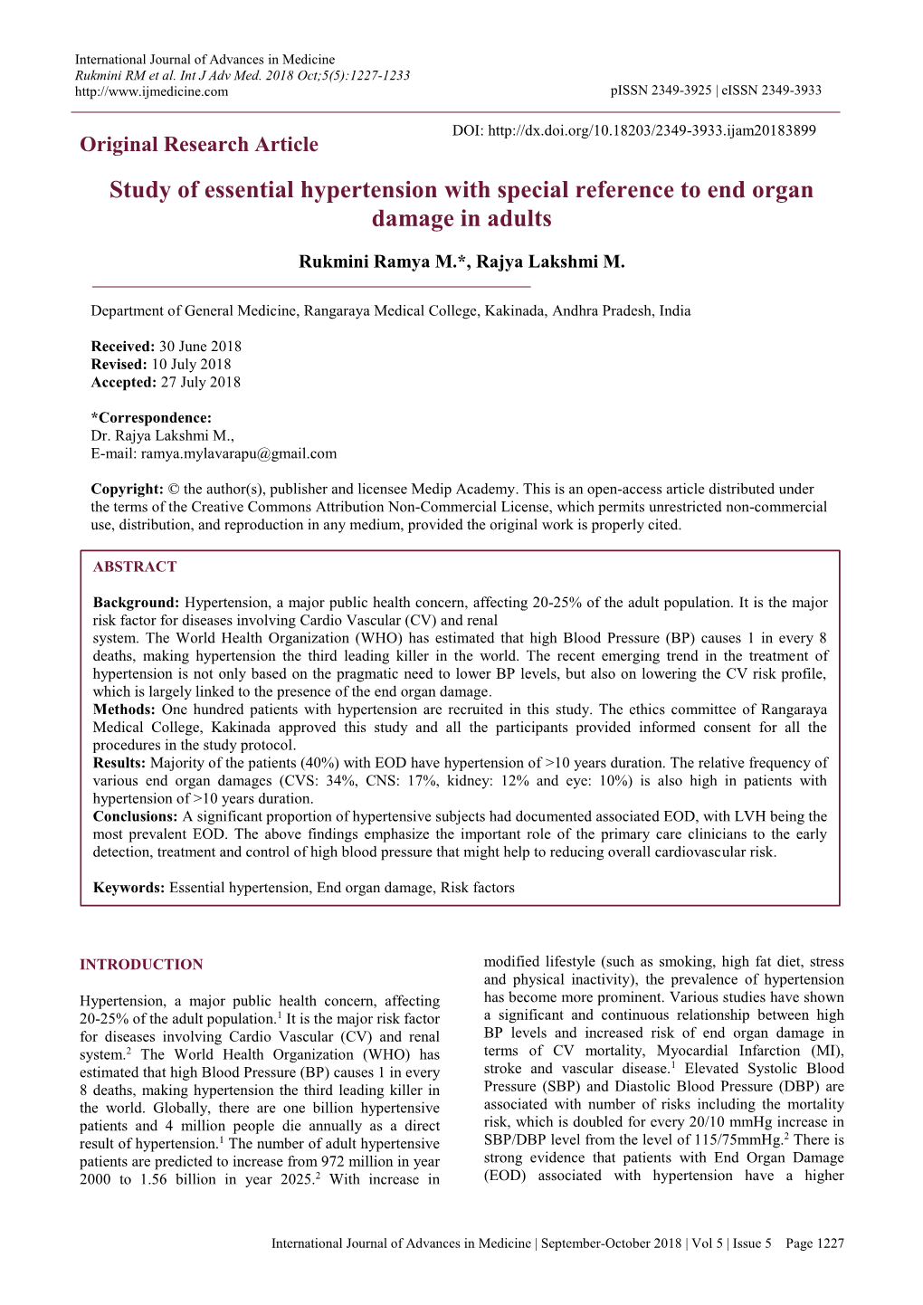 Study of Essential Hypertension with Special Reference to End Organ Damage in Adults