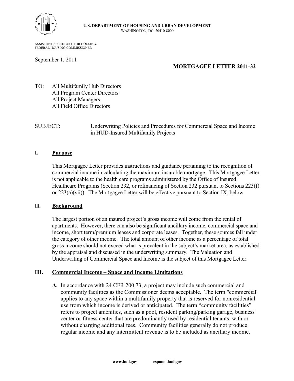 Underwriting Policies and Procedures for Commercial Space and Income in HUD-Insured Multifamily Projects