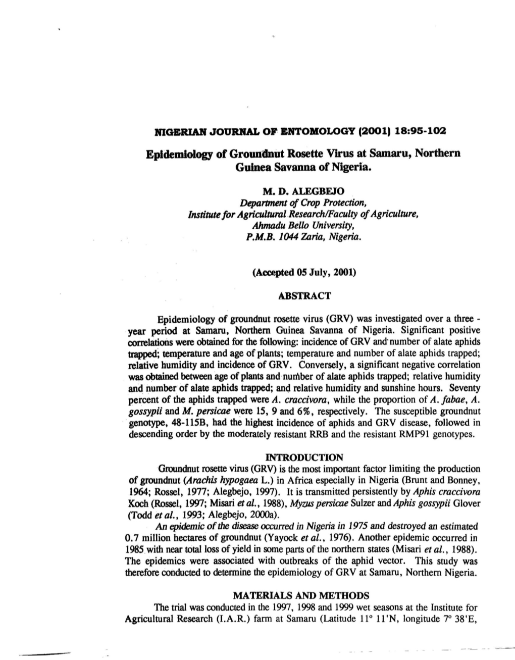 Epidemiology of Groundnut Rosette Virus at Samaru, Northern Guinea Savanna of Nigeria