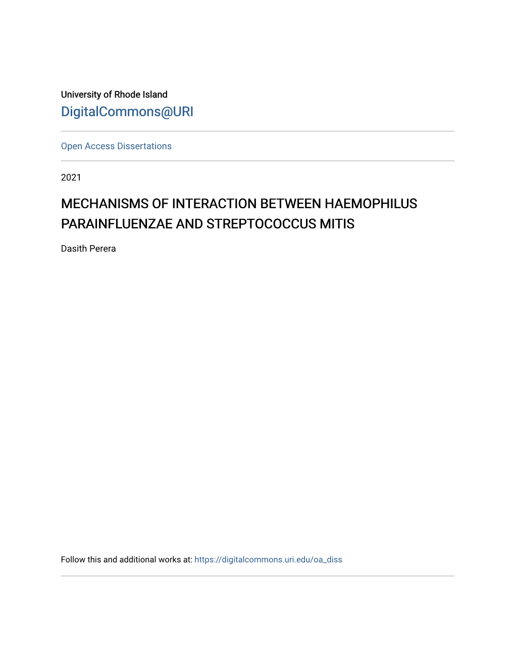 Mechanisms of Interaction Between Haemophilus Parainfluenzae and Streptococcus Mitis