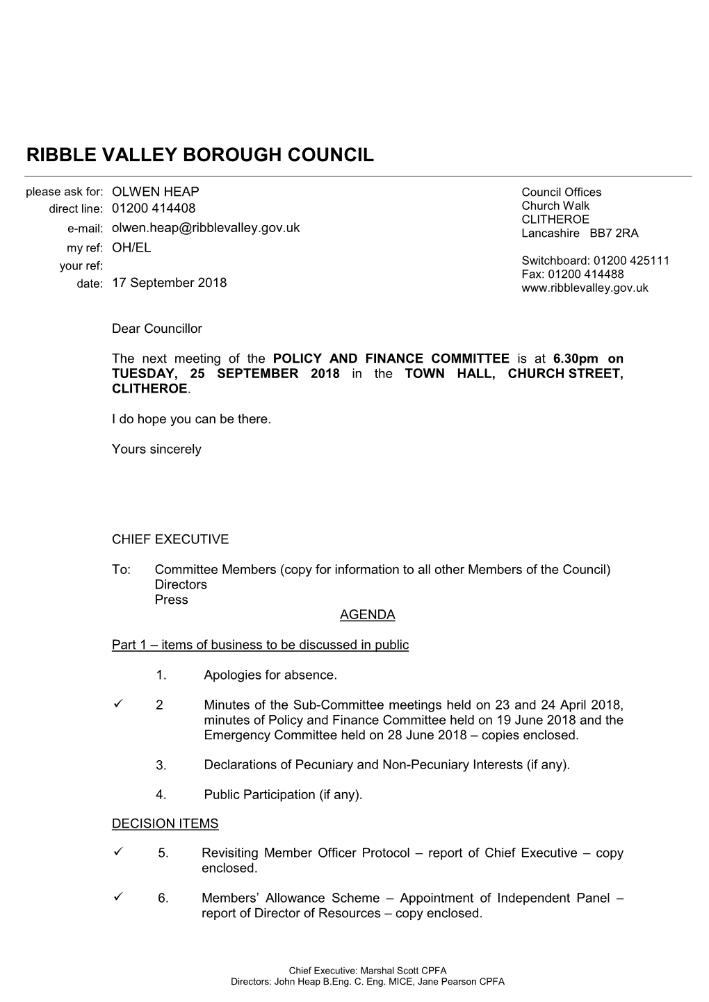 POLICY and FINANCE COMMITTEE Is at 6.30Pm on TUESDAY, 25 SEPTEMBER 2018 in the TOWN HALL, CHURCH STREET, CLITHEROE