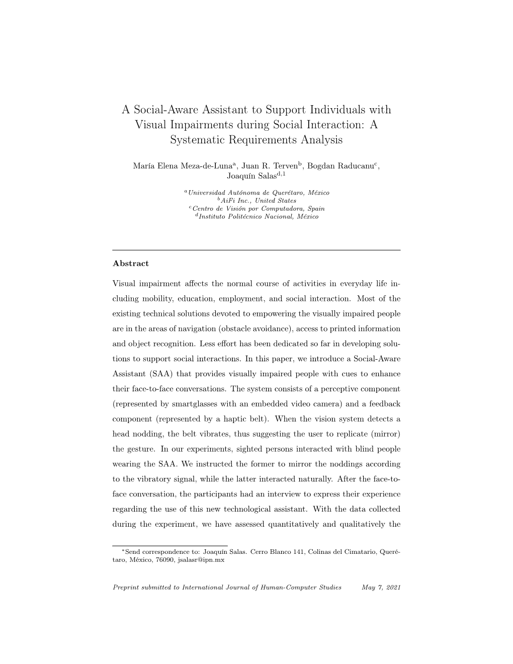 A Social-Aware Assistant to Support Individuals with Visual Impairments During Social Interaction: a Systematic Requirements Analysis