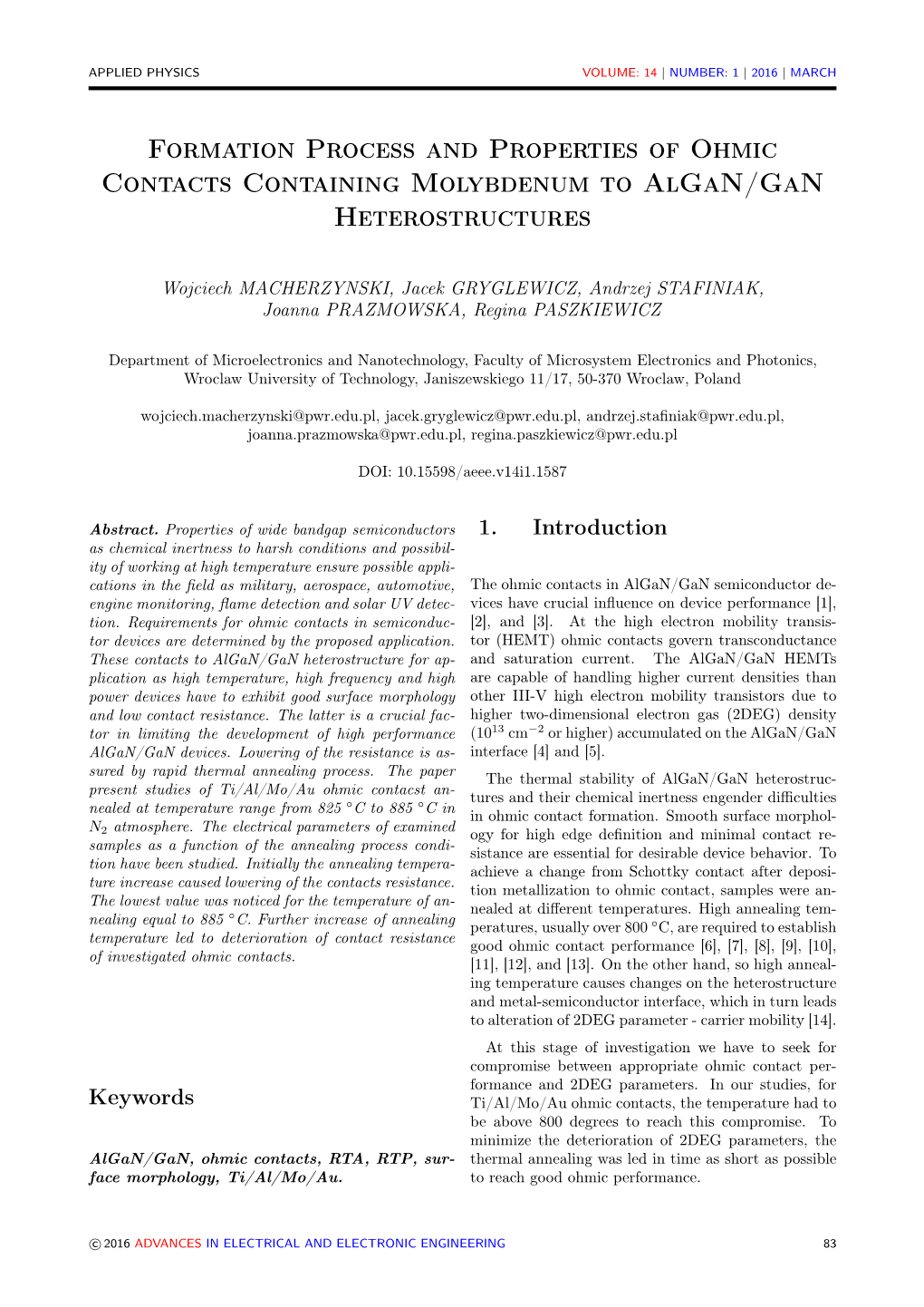 Formation Process and Properties of Ohmic Contacts Containing Molybdenum to Algan/Gan Heterostructures