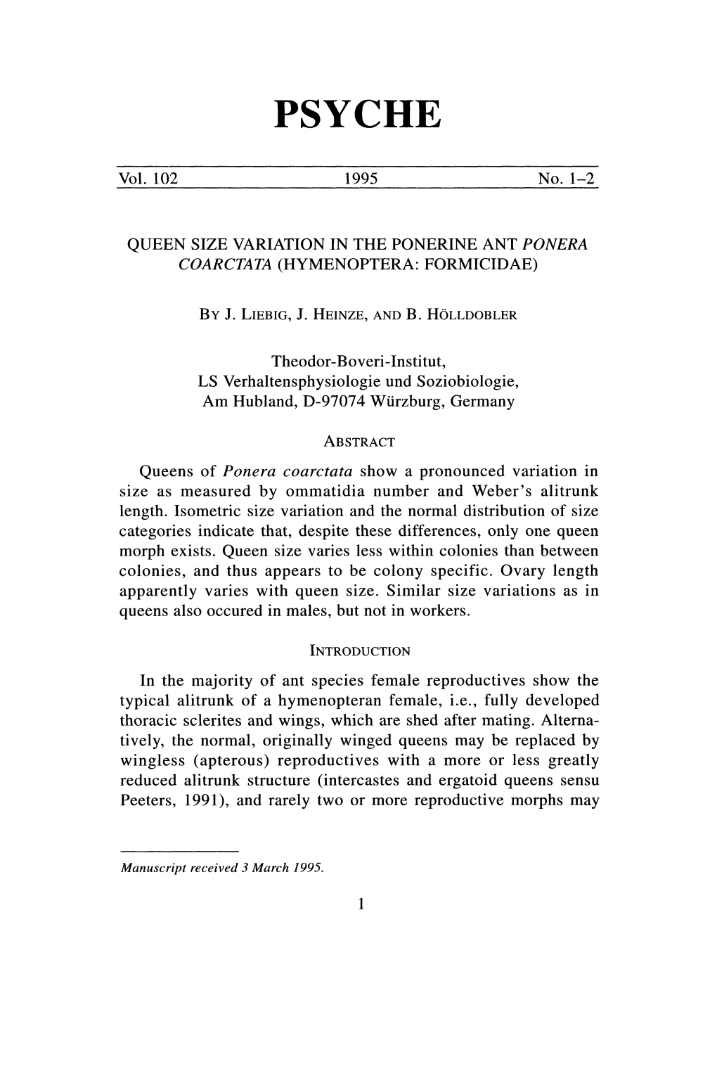 Queen Size Variation in the Ponerine Ant Ponera Coarctata (Hymenoptera: Formicidae)