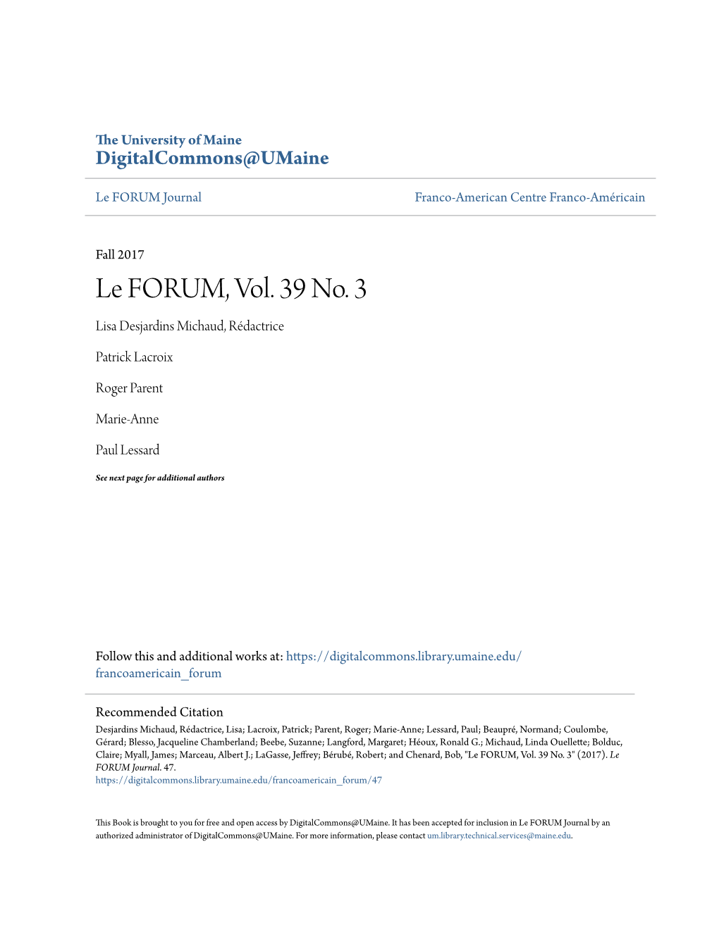Le FORUM, Vol. 39 No. 3 Lisa Desjardins Michaud, Rédactrice