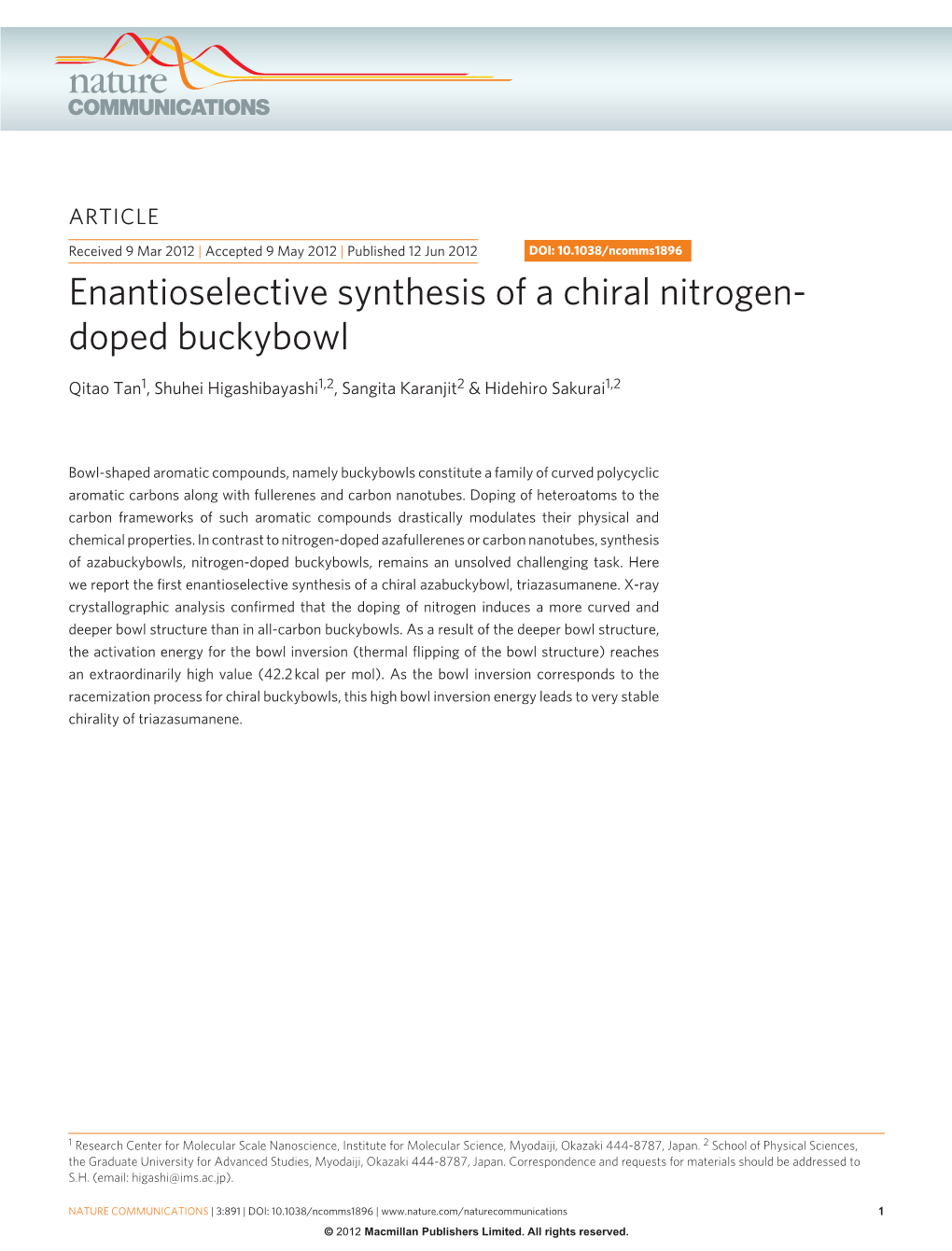 Enantioselective Synthesis of a Chiral Nitrogen-Doped Buckybowl