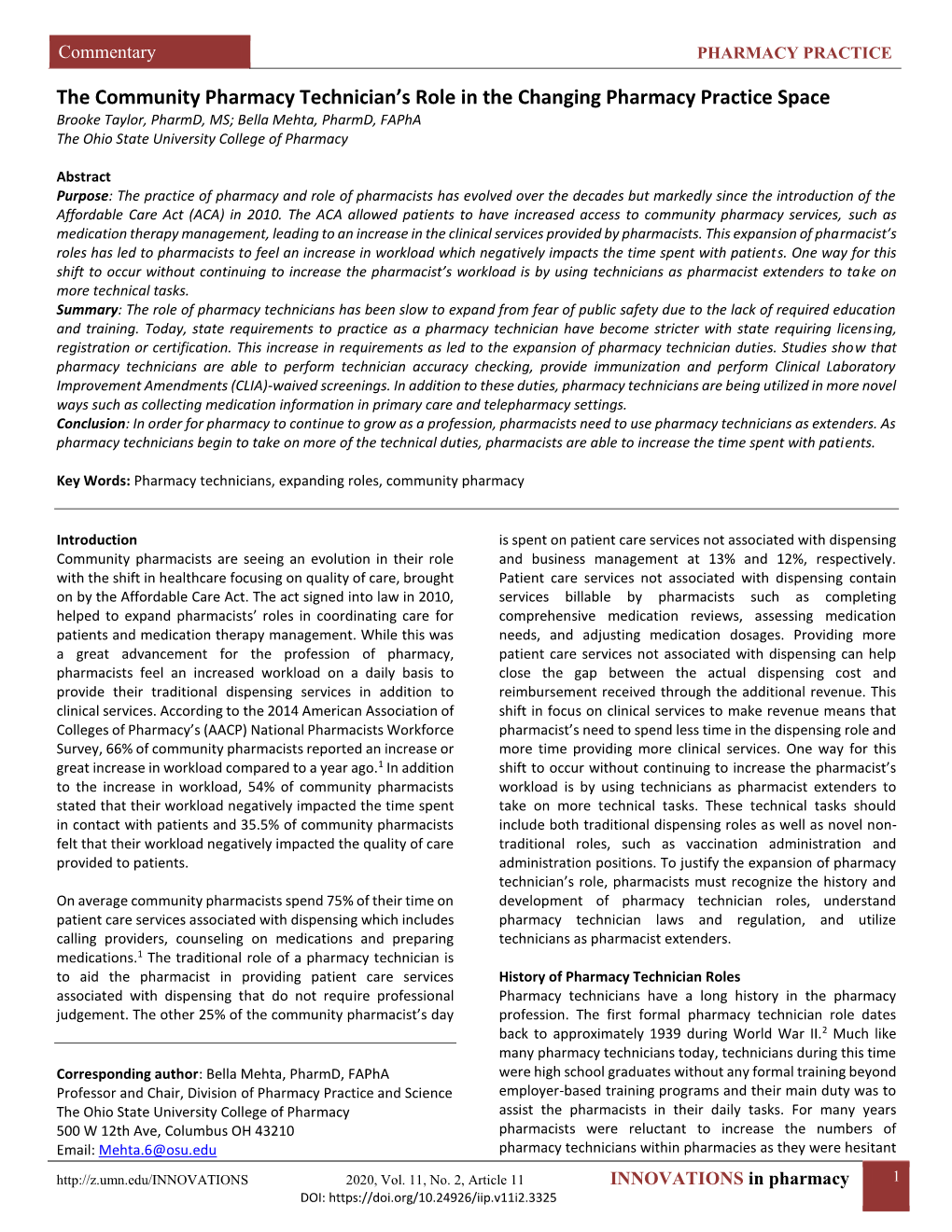 The Community Pharmacy Technician's Role in the Changing