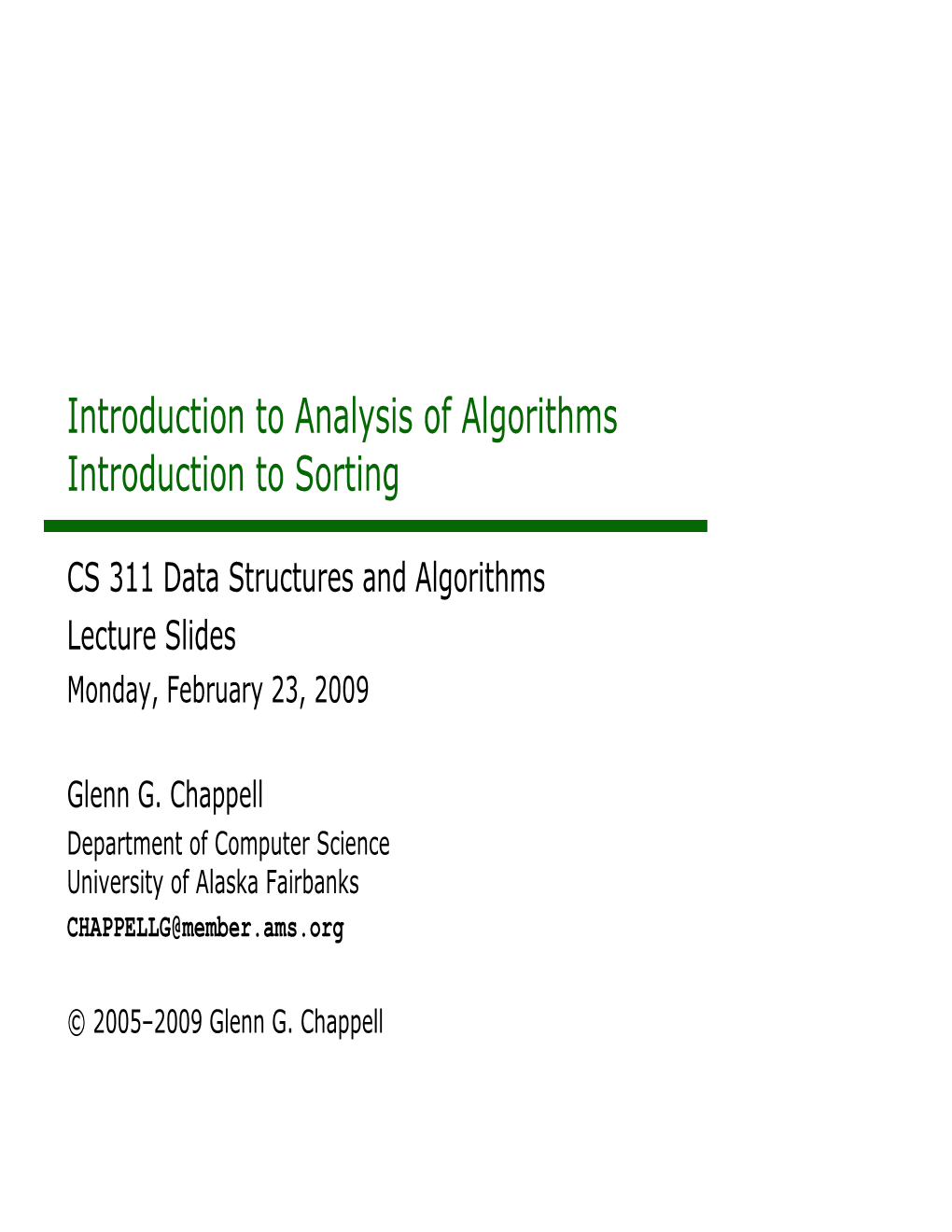 Introduction to Analysis of Algorithms Introduction to Sorting