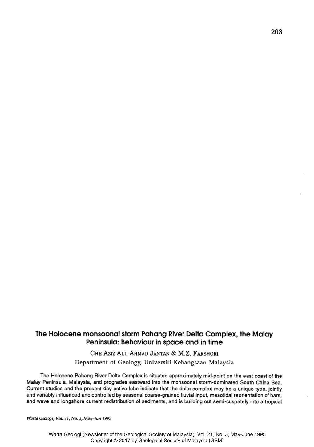 Abstract: the Holocene Monsoonal Storm Pahang River Delta Complex