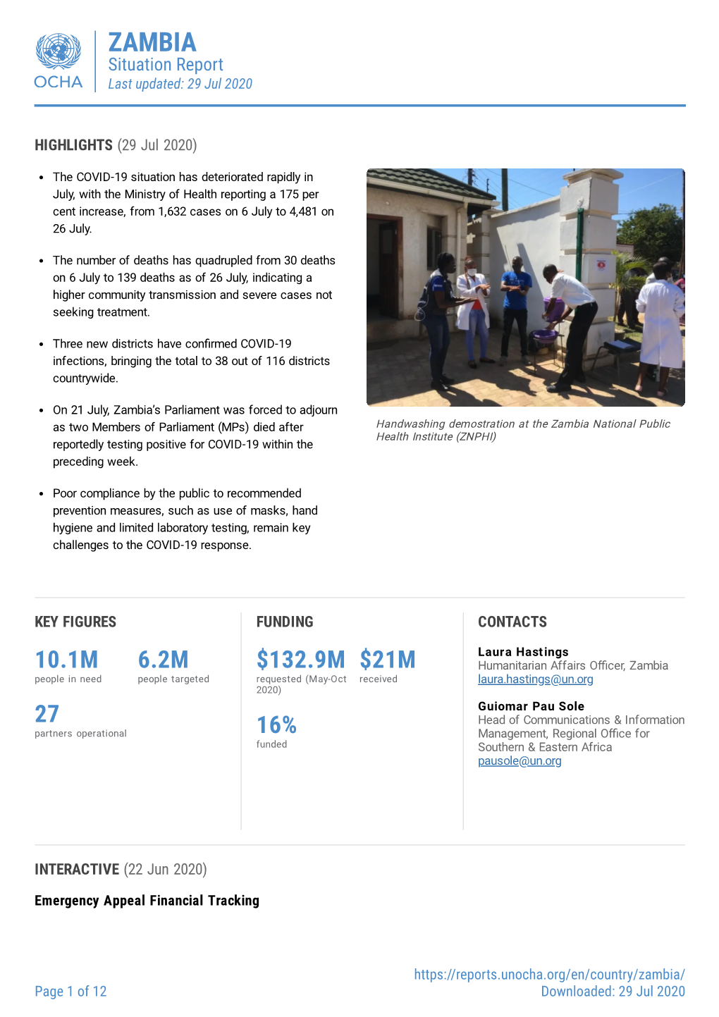 ZAMBIA Situation Report Last Updated: 29 Jul 2020