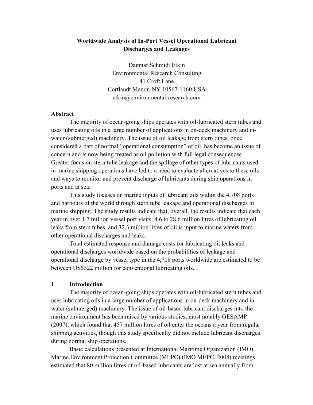 Worldwide Analysis of In-Port Vessel Operational Lubricant Discharges and Leakages