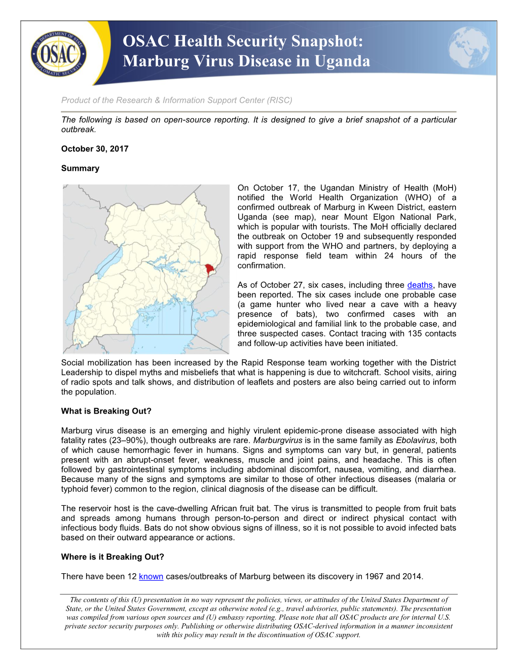 OSAC Health Security Snapshot: Marburg Virus Disease in Uganda