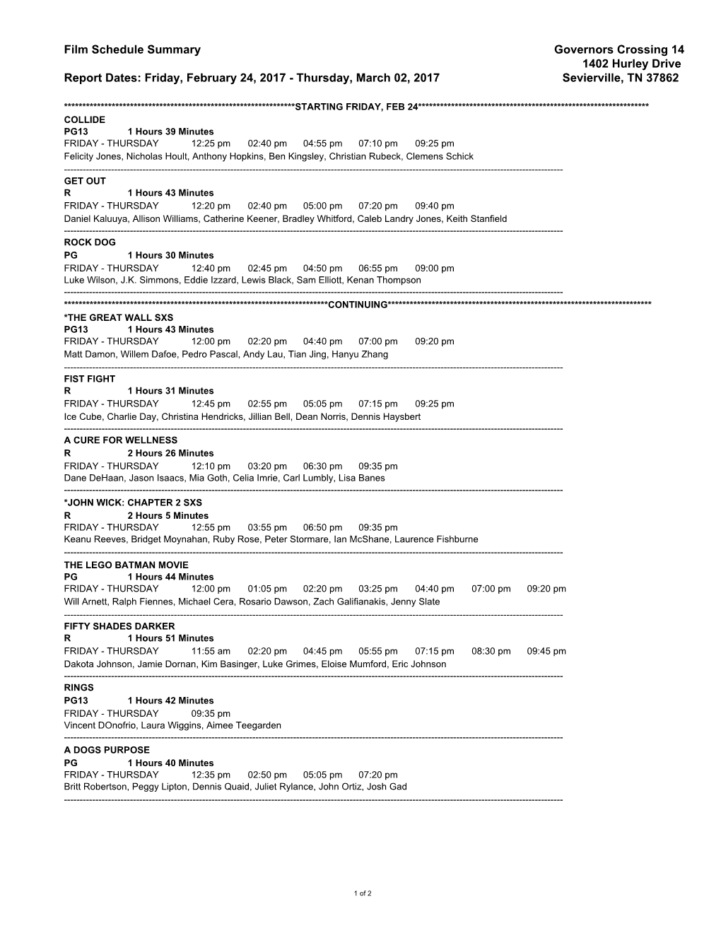 Film Schedule Summary Governors Crossing 14 1402 Hurley Drive Report Dates: Friday, February 24, 2017 - Thursday, March 02, 2017 Sevierville, TN 37862