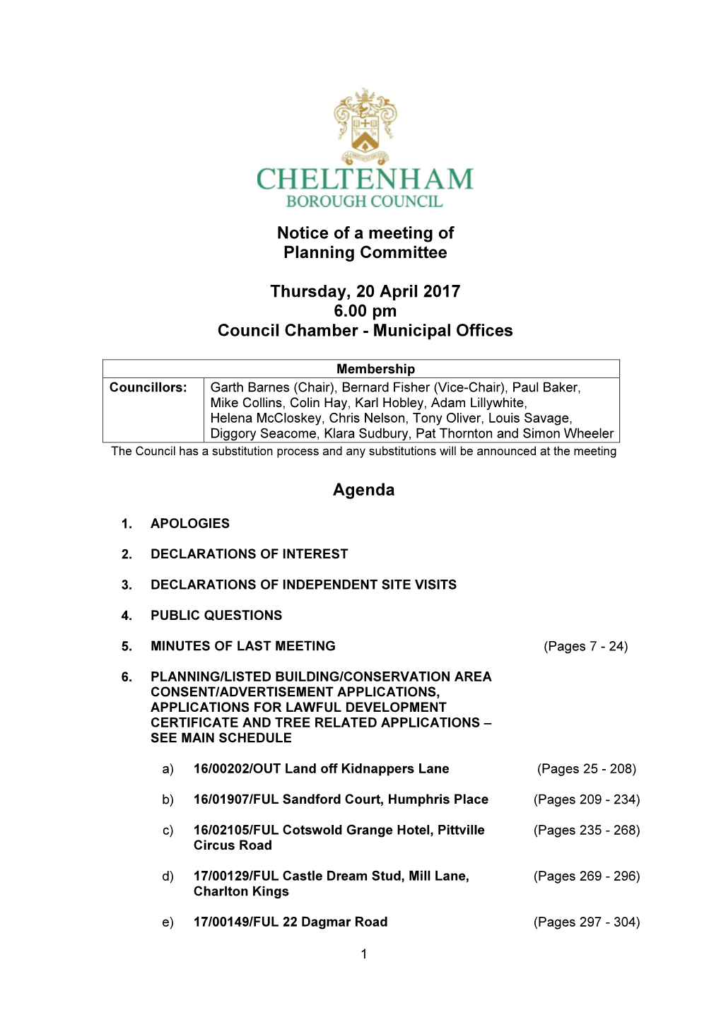 Notice of a Meeting of Planning Committee Thursday, 20 April 2017