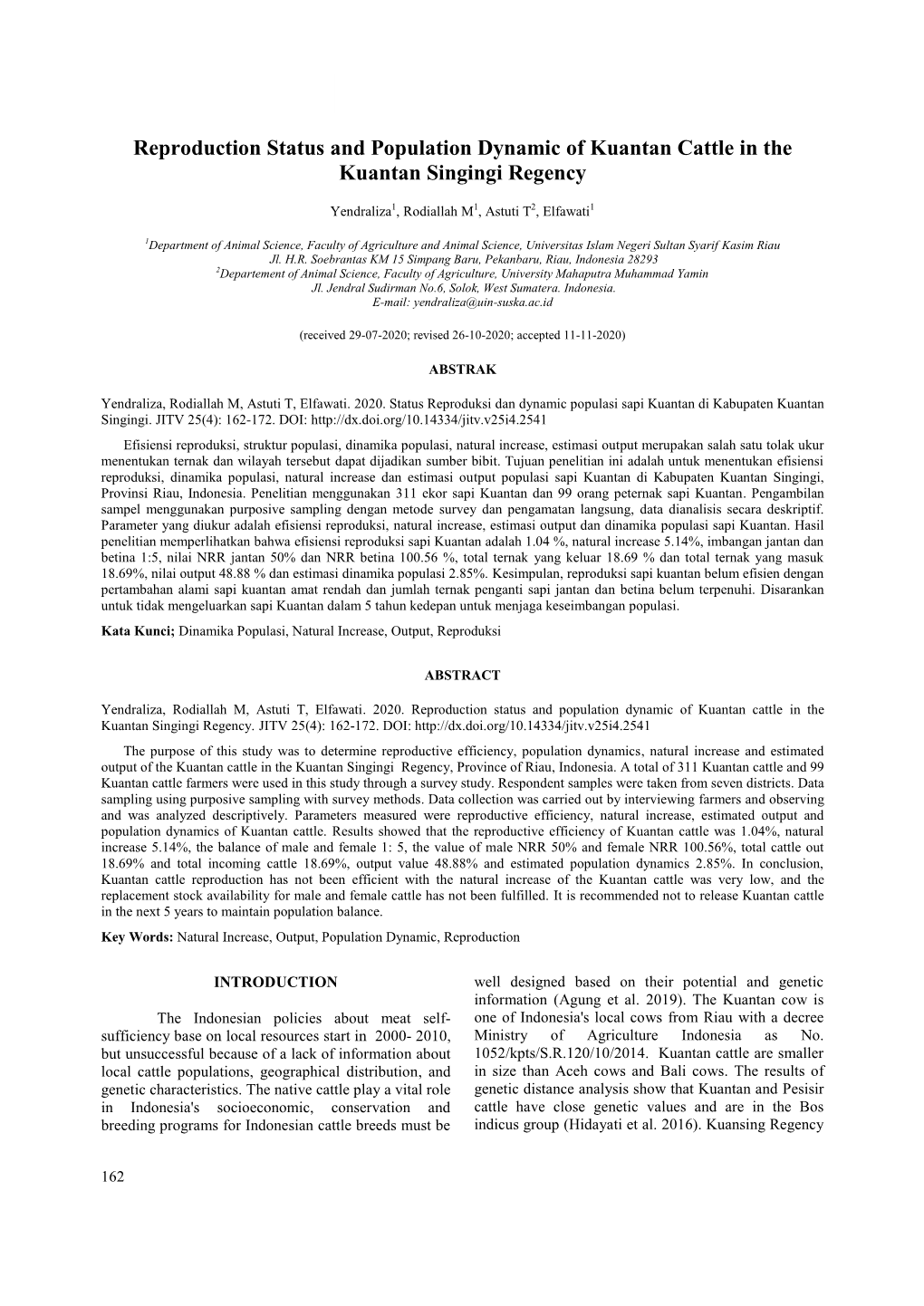 Reproduction Status and Population Dynamic of Kuantan Cattle in the Kuantan Singingi Regency