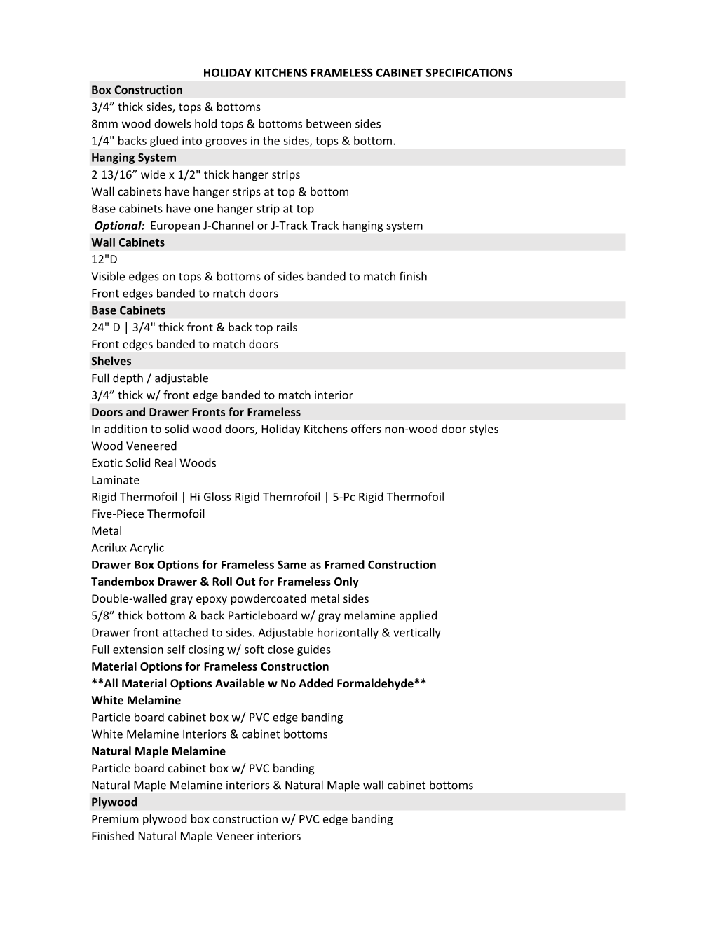 HOLIDAY KITCHENS FRAMELESS CABINET SPECIFICATIONS Box