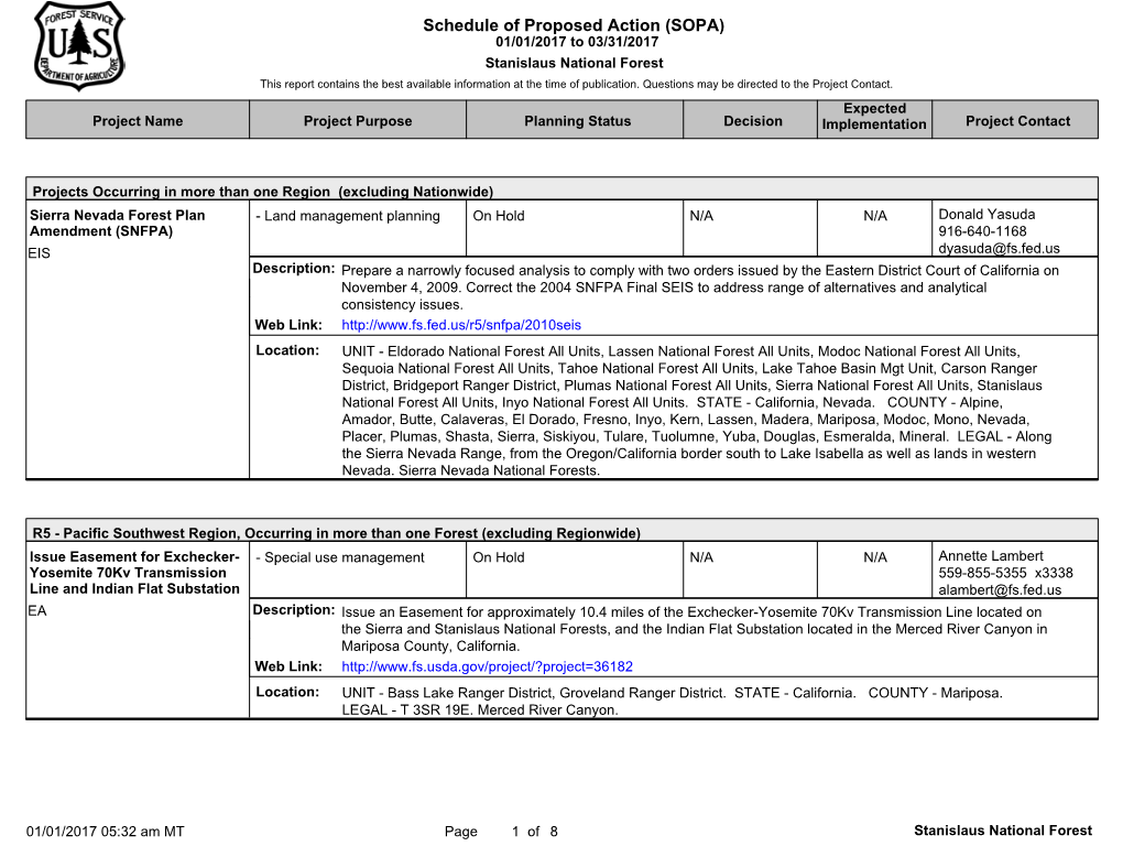 Schedule of Proposed Action (SOPA) 01/01/2017 to 03/31/2017 Stanislaus National Forest This Report Contains the Best Available Information at the Time of Publication